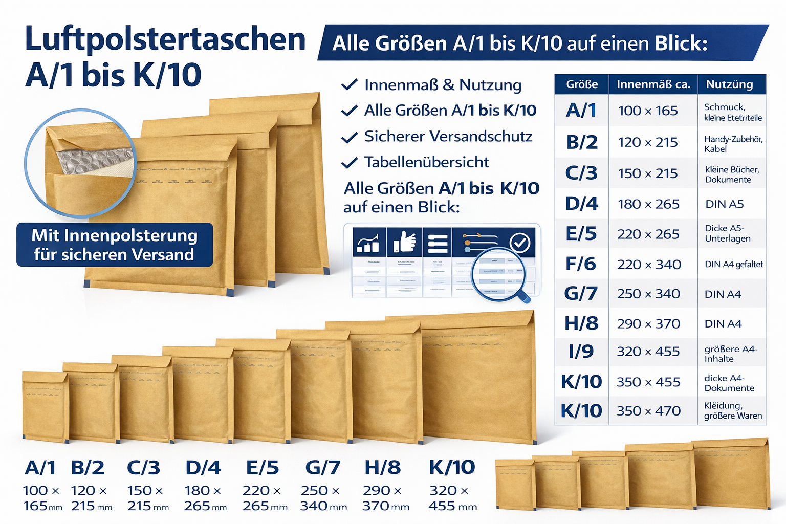 Luftpolstertaschen Braun A1–K/10 | Gepolsterte Versandtaschen & Luftpolsterumschläge für sicheren Versand