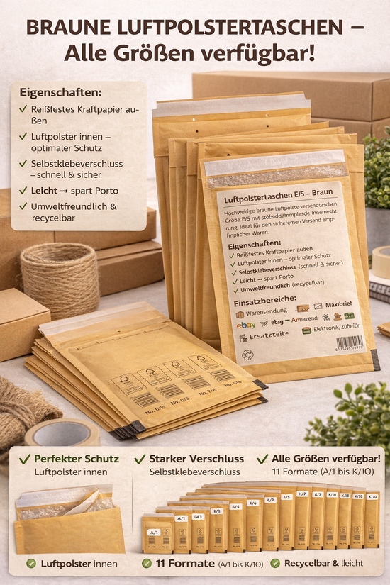Luftpolstertaschen Braun A1–K/10 | Gepolsterte Versandtaschen & Luftpolsterumschläge für sicheren Versand