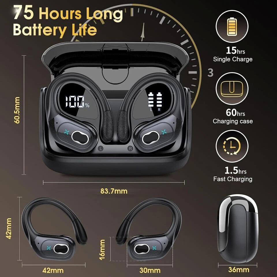 2026 HD65 Bluetooth 5.3 Kopfhörer Kabellos mit 75H Spielzeit, LED Akkuanzeige, ENC Noise Cancelling, IPX7 Wasserdicht, USB-C Schnellladung, Sport In Ear Earbuds mit Ohrbügel für iOS & Android